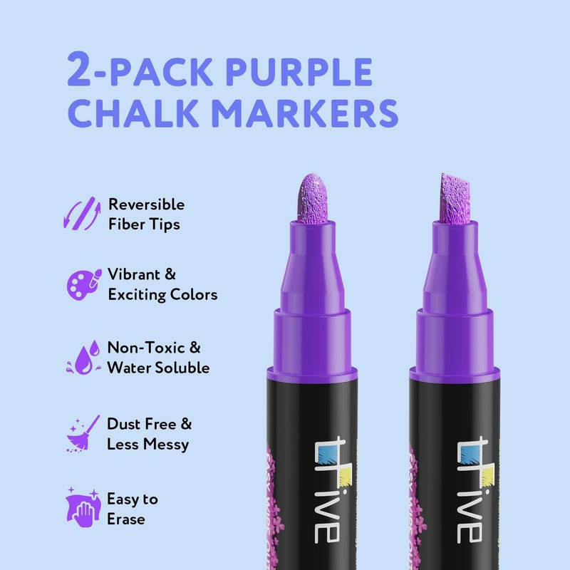 TFIVE Purple Liquid Chalk Markers - 2 Pack Bright Colors Erasable Chalk Marker Pens, Reversible Tip, Non-Toxic, for Chalkboards, Signs, Glass, Easy to use Chalk markers TF800 - Image 2